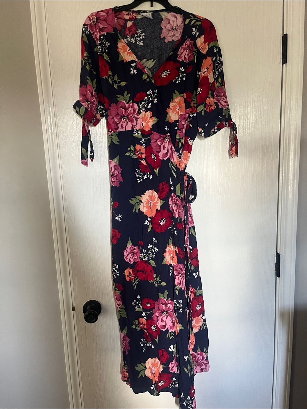 Time and Tru Navy Wrap Dress with Pink & Red Floral Print